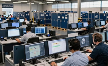 South American / Brazilian transportation hub, showing a modern logistics coordination center with dispatchers working at desks, very dark blue and light slate color themes, professional lighting.