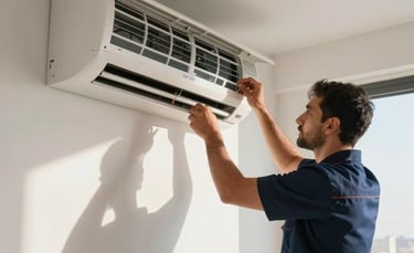 Photography of a professional technician in navy blue attire repairing a sleek wall-mounted air conditioner inside a modern Dubai apartment. The scene is bright with natural desert sunlight through a window, emphasizing a clean and professional Middle Eastern / Gulf interior.