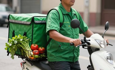 A professional South American / Brazilian delivery person wearing a deep green vest, standing next to a clean white scooter with a basket full of vibrant, fresh green vegetables and red tomatoes on a sunny street.