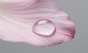 A macro photograph of a drop of water on a light pink petal, symbolizing clarity and precision, with a soft grey background.