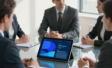 A professional North American business meeting in a minimalist, sunlit office. A clean glass table with a tablet showing abstract indigo and slate blue data visualizations. Sharp focus, high-end corporate photography style.