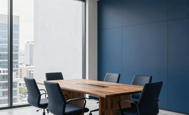 A clean, modern office in Mexico City, showing a minimalist meeting room with a wooden table, glass walls, and soft natural light. High-end executive feel with white and deep blue tones.