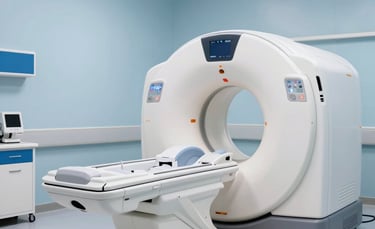 A high-end medical imaging suite in a Middle Eastern hospital featuring a sleek MRI machine. The room is modern and clean with pale blue and bright blue accents. Soft, professional lighting creates a trustworthy atmosphere.