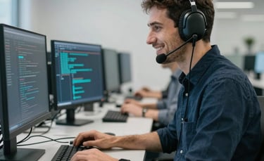 Une photographie professionnelle d'un technicien de support informatique dans un bureau moderne en France, portant un casque et souriant devant deux écrans affichant des données floues. L'ambiance est lumineuse avec des tons de bleu acier et gris pâle, évoquant l'efficacité et la courtoisie.