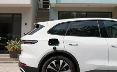 A sleek, modern white electric SUV parked in a sun-drenched, upscale neighborhood in Bogotá, Colombia. The composition is a sharp three-quarters view showing the charging port. The lighting is bright and clean, emphasizing professional photography. The background features modern architecture with glass and light steel blue accents.