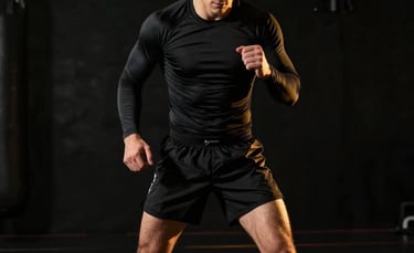 A focused male athlete training in a high-performance MMA gym. He wears a long black compression top and black training shorts that extend below his knees. Global / Performance Athletics. The lighting is cinematic and dark with golden highlights, focusing on his intensity and movement.