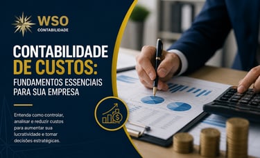 Profissional de contabilidade analisando gráficos de custos para gestão financeira empresarial estratégica.