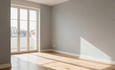 Interior photography of a bright, modern European residential apartment in Spain after renovation, featuring light oak wooden floors and sage gray walls, minimalist furniture, soft natural sunlight from large windows, professional architectural style.