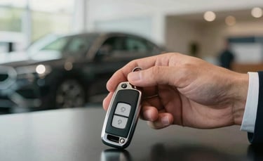 A close-up of a professional&amp;amp;amp;#x27;s hand holding a luxury car key fob over a polished black desk, bright showroom lighting in a modern North American dealership.