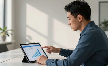 A professional European / Italian Chinese digital marketer in a minimalist Milan office, pointing at a tablet screen displaying social media reach charts. Soft morning light, sophisticated atmosphere with slate blue and off-white accents.