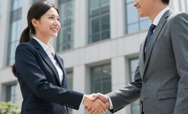 Two professionals in business attire shaking hands in front of a modern foundation building, bright and hopeful atmosphere, North American / International setting, professional and trustworthy mood.
