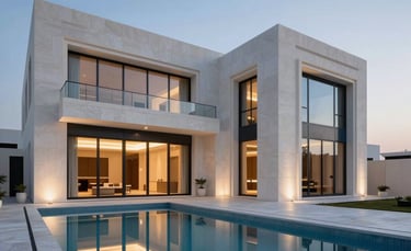 A wide-angle professional photograph of a luxury contemporary villa in Ajman, featuring clean Middle Eastern / Gulf architectural lines with white stone and dark navy glass. The scene is set at twilight with a private pool reflecting the light blue sky and the soft ice-colored glow from the interior lights.