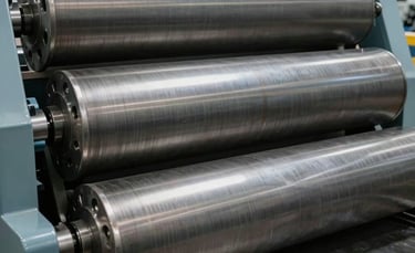 Close-up of a large, heavy-duty industrial paper machine roller, showing precision engineering and metallic textures, set in a clean manufacturing plant. Central European / German industrial setting. Lighting is bright and technical.