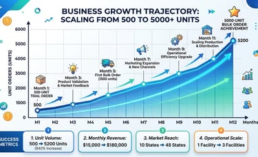 Growth trajectory chart showing business scaling from 500-unit trial orders to 5000-unit bulk orders