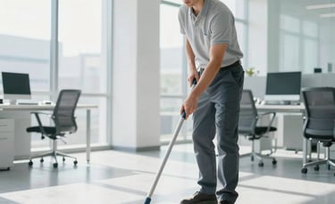 A professional cleaner in a bright, modern office space in Central Europe, using a high-quality mop on a polished gray floor. Sunlight streams through large windows, highlighting the clean, minimalist environment. The scene is dominated by white and pale blue tones.