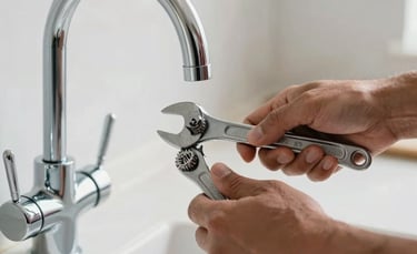 Close-up of a professional plumber's hands using a wrench to install a modern chrome faucet in a bright, contemporary South American kitchen. The lighting is natural and clean, highlighting the precision of the work.