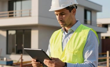A professional South African construction site manager wearing a high-visibility vest over a smart collared shirt, reviewing project data on a modern tablet. The lighting is bright and warm, characteristic of a clear South African afternoon. The background features a clean, developing residential structure with sharp architectural lines, reflecting strategic growth and luxury minimalism.