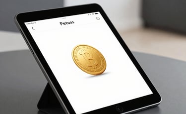 A close-up photograph of a modern, sleek tablet displaying a coin identification application with a gold coin icon. The background is a bright, minimalist North American interior with soft grey and charcoal accents.
