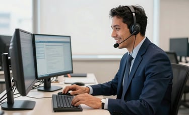 A professional South American tele-service agent wearing a modern headset, smiling while working at a clean, ergonomic desk with dual monitors in a high-tech office in São Paulo. The lighting is bright and natural. The color palette includes navy blue and soft off-white.