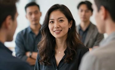 A close-up of a diverse group of entrepreneurs in a Canadian setting, focusing on their faces as they interact during a networking session in a bright workspace.