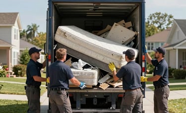 A professional cleanup crew in work uniforms loading heavy construction debris and an old mattress into a clean dark blue truck, North American suburban driveway setting, bright and clear daylight.