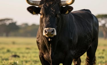 A professional close-up photograph of a majestic black Angus bull in a lush South American pasture during the golden hour, soft sunlight highlighting its powerful build, clean and sophisticated agricultural atmosphere.
