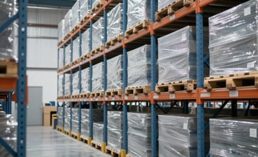 A clean, modern warehouse interior in Brazil with organized high-reaching shelves and stacked pallets. The lighting is bright and professional, highlighting a sense of efficiency and scale. The color palette features slate blue and light gray tones.
