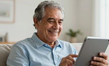A close-up photograph of an elderly Latinoamericano man smiling warmly while looking at a tablet in a bright, sunlit living room with off-white walls. The lighting is soft and natural, conveying a sense of relief and security. Palette includes soft light blue accents.