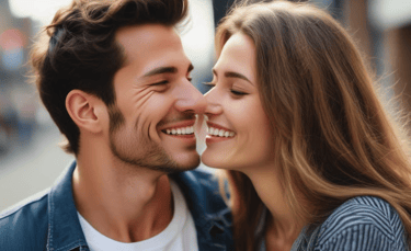 a man and woman smiling and looking at each other