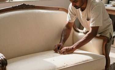A professional South Asian craftsman in a sunlit Siliguri workshop carefully applying new cream-colored upholstery to a classic sofa frame, showcasing expertise and tradition.