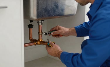 A professional plumber wearing a blue uniform working with copper pipes under a kitchen sink in a modern North American / US - Florida house. Natural light, professional photography, focus on skilled hands and tools.