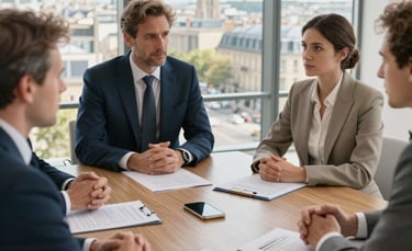 A sophisticated marketing strategy session in a high-end European office setting, featuring a clean wooden table with professional documents and a view of a French city skyline. The lighting is bright and natural, reflecting an upscale, professional atmosphere with colors like slate blue and beige.