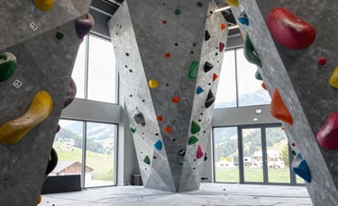 A wide shot of a modern climbing gym in the Valais region. The colorful climbing holds are clean and vibrant against grey walls. Large windows let in bright natural light, showing spotless sports flooring and a dust-free environment. Professional and clean atmosphere. Central European / Swiss French style.