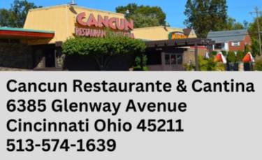 Cancun Restaurante & Cantina exterior on Glenway Avenue in Cincinnati, Ohio with contact info.