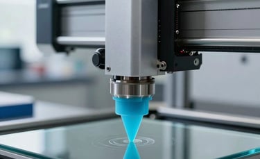 Close-up of a high-end industrial 3D printer nozzle extruding bright cyan plastic onto a clean glass bed. The background shows a modern North American laboratory with soft bokeh. Natural daylight mixed with cool studio light.