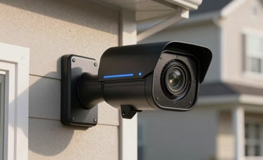 A close-up photograph of a modern, sleek black 4K security camera mounted on a residential exterior wall in a North American suburb. The lighting is crisp afternoon sun, highlighting the premium metallic texture and the blue indicator light.