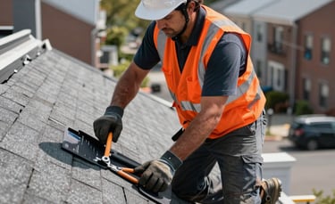 A professional North American roofing contractor wearing a high-visibility orange vest and safety gear, repairing a residential asphalt shingle roof in a New York City neighborhood. Bright daylight, sharp focus on the quality craftsmanship, modern tools visible.