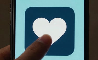A close-up, sharp photograph of a finger tapping a brightly lit phone screen showing a simple heart icon, soft navy and light aqua color palette, North American / US.