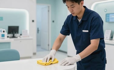 High-quality professional photography of a modern Manhattan medical clinic lobby. A professional cleaner wearing a dark blue uniform and gloves is carefully wiping high-touch surfaces. Bright, clinical lighting, sterile environment with white and light blue accents. North American / US style.