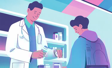 A doctor consulting with a patient and dispenisng medications