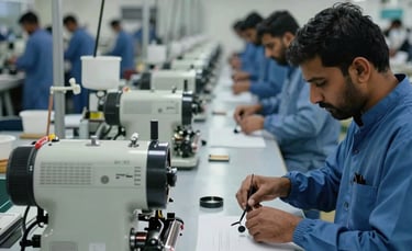 An interior shot of the Pakistani factory's finishing room. Rows of high-end polishing machines sit on a clean grey floor, with workers in professional blue uniforms carefully inspecting the final products. The lighting is clean and sophisticated.