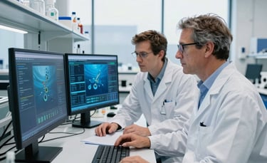 A professional wide-angle shot of Australian and European researchers collaborating in a bright, modern marine laboratory. The composition shows two experts reviewing complex data on a screen, with deep ocean blue and crisp white lab surfaces. Soft natural lighting from large windows, creating a sophisticated and authoritative atmosphere.