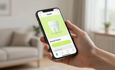 A clean, modern smartphone held by a hand in a bright Central European home environment, displaying a user-friendly dental health web app interface with upload buttons. The lighting is soft and natural, emphasizing a warm, non-clinical HealthTech aesthetic with hints of light lime green and white.