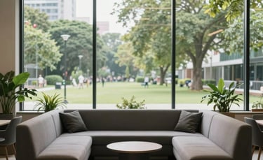 A minimalist and clean photography of an Indian business lounge with comfortable seating and large windows overlooking a green urban park.
