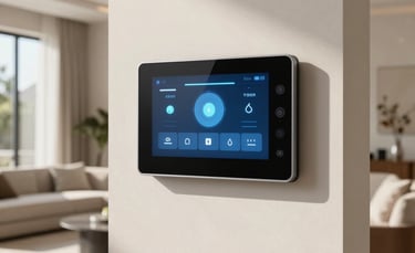 A sophisticated smart home interior in a Middle Eastern / Gulf villa, featuring a minimalist living area with a sleek touchscreen control panel on the wall showing lighting controls, high-end furniture, and soft natural sunlight, professional architectural photography.