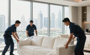 A high-end professional photography shot of a relocation team inside a bright, modern Dubai apartment. Movers wearing professional navy uniforms are carefully wrapping a luxury sofa in off-white protective materials. The composition is clean and airy, showing floor-to-ceiling windows with the Dubai skyline in the distance. The tone projects reliability and care.