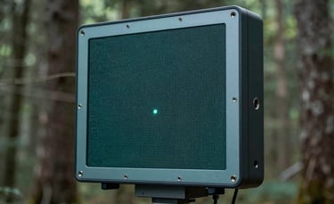 A sleek, modern sensor array deployed in a forest for climate monitoring, North American / Global. The photo is clean and detailed, showing advanced tech in nature. Palette includes teal and grey.
