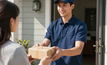 A professional courier in a navy blue uniform handing a small package to a customer at a sunny North American suburban home entrance. High-quality photography, bright daylight, conveying modern efficiency and reliability.
