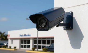 A professional high-definition security camera mounted on the corner of a modern, white-walled commercial building in Puerto Morelos, Mexico. The composition shows the camera pointing towards a parking area under bright sunlight and a clear blue sky. Professional photography, sharp focus, highlighting the technological hardware in dark blue and black tones.