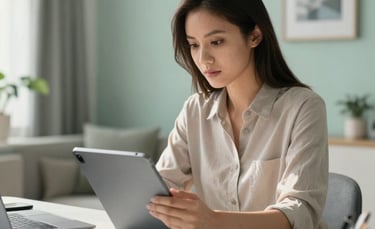A focused professional in a modern North American home office looking at a thin, high-tech tablet. The room is filled with soft morning light, featuring clean lines and subtle seafoam green decor accents. The mood is one of reliable innovation and personal control.